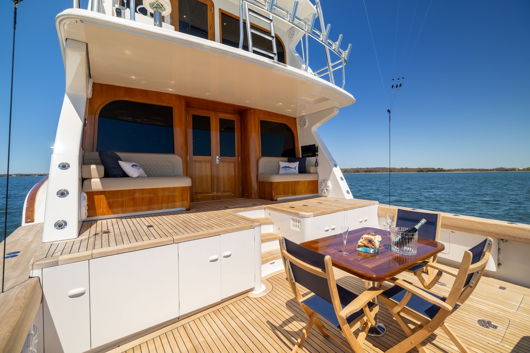 Marine photography of teak decking, wood joinery and seating